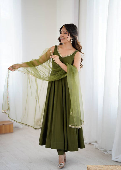Heavy pure Roman silk Chanderi fabric mehendi green Anarkali suit texture