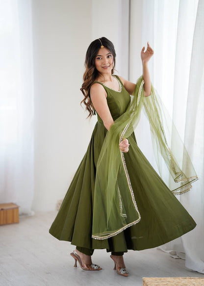 Mehendi green Roman silk Chanderi Anarkali gown with heavy flare