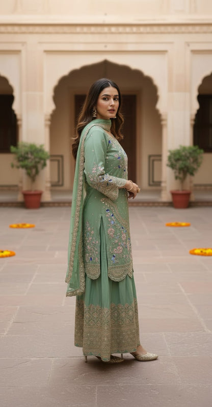 Close up of mint green anarkali gown embroidery work