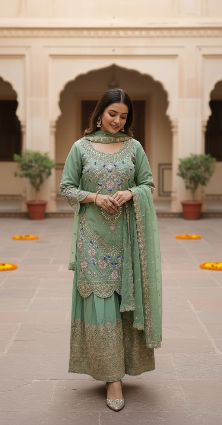 Mint green embroidered anarkali gown front view with dupatta