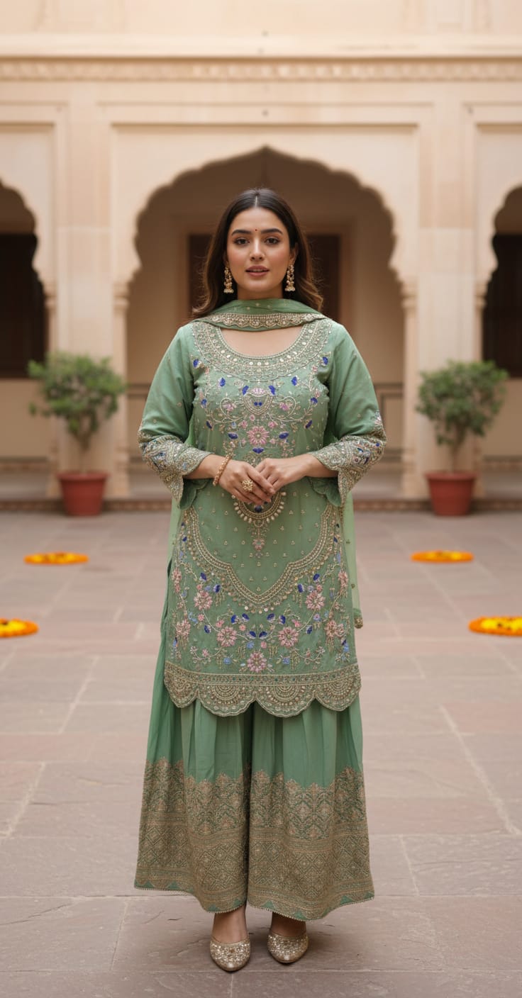 Mint green anarkali gown back view with detailed embroidery