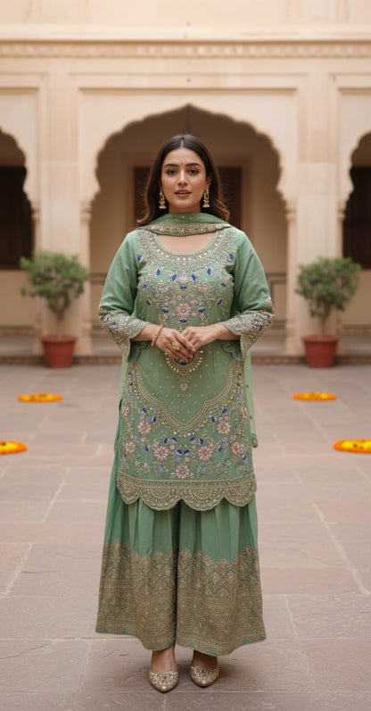 Mint green anarkali gown back view with detailed embroidery