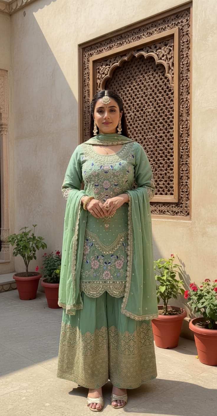 Mint green embroidered anarkali gown set with dupatta for wedding and festive wear for women