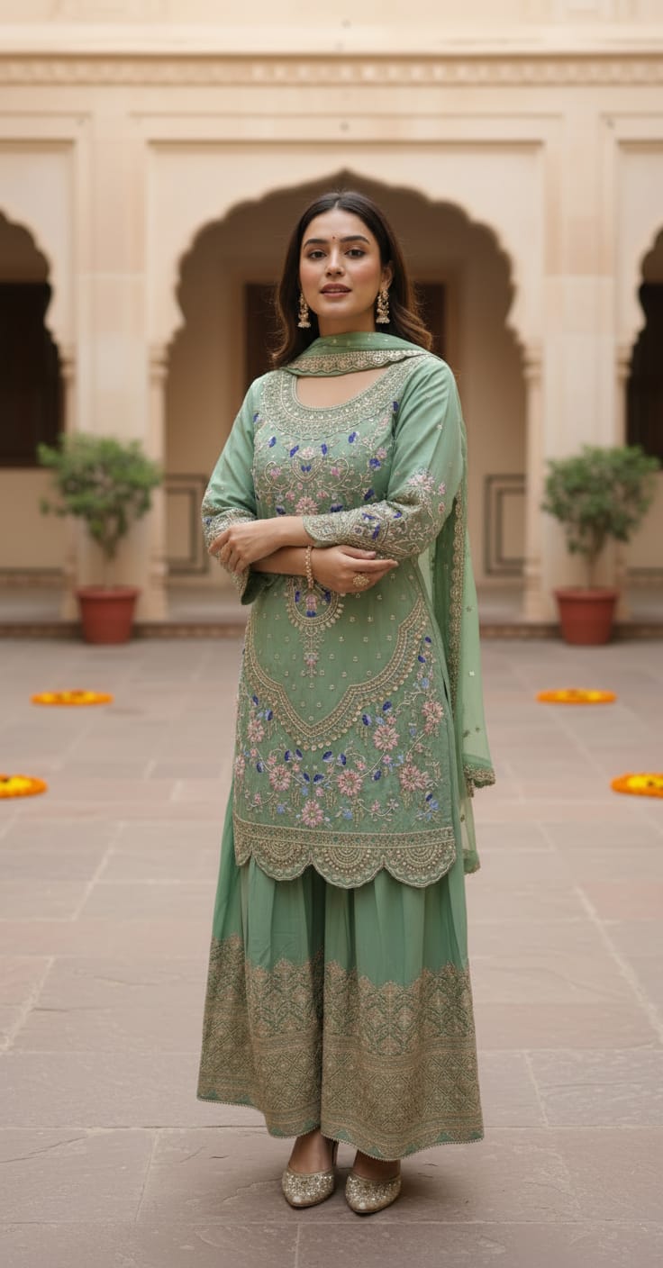 Mint green anarkali gown side view showing embroidery and flare
