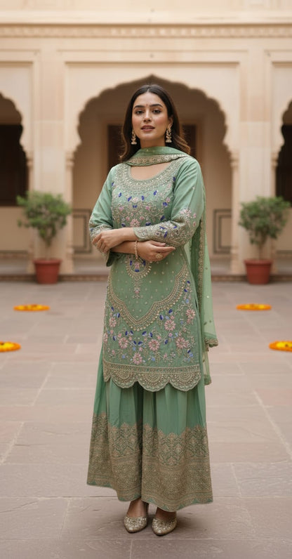 Mint green anarkali gown side view showing embroidery and flare
