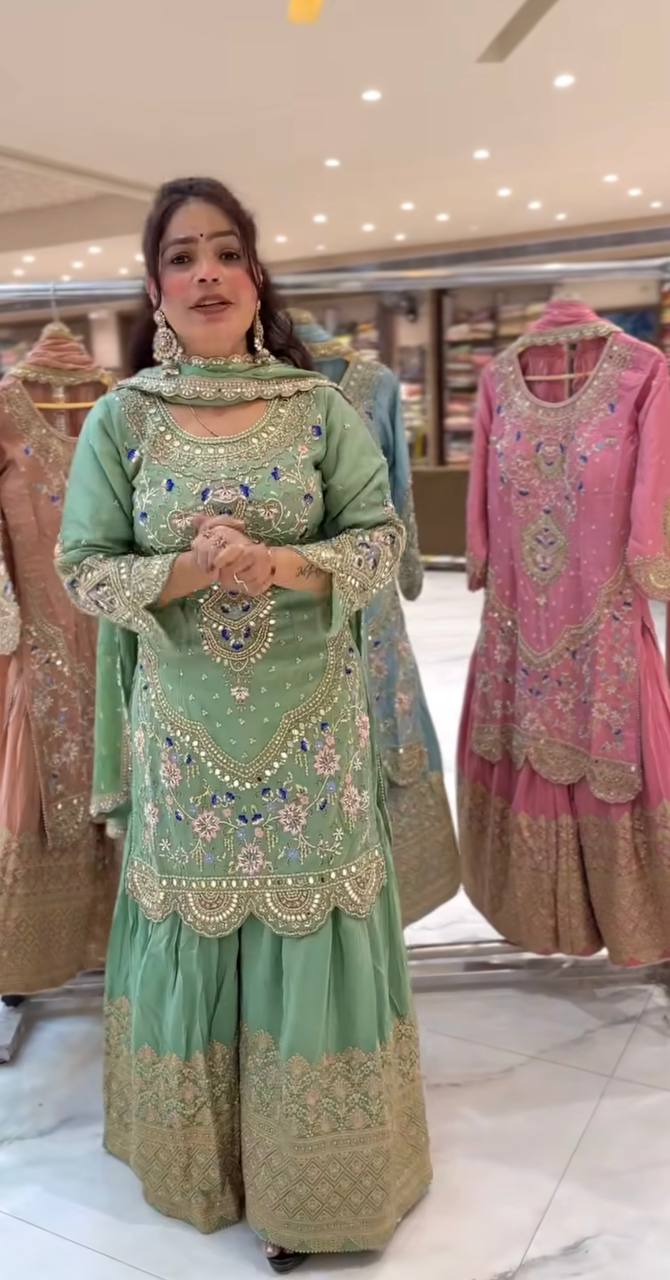 Full length mint green sharara suit with detailed embroidery and designer ethnic look