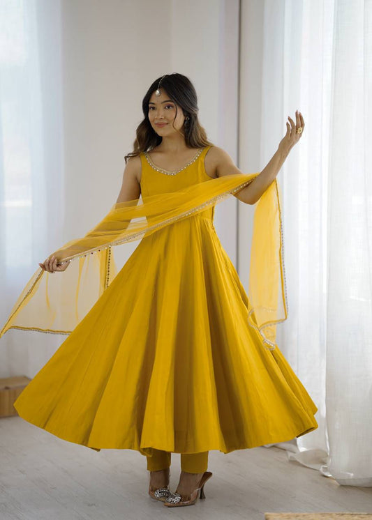 Mustard yellow flared Anarkali suit with dupatta in Roman silk Chanderi fabric