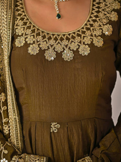 Olive green Anarkali suit with embroidered dupatta and traditional golden lace border