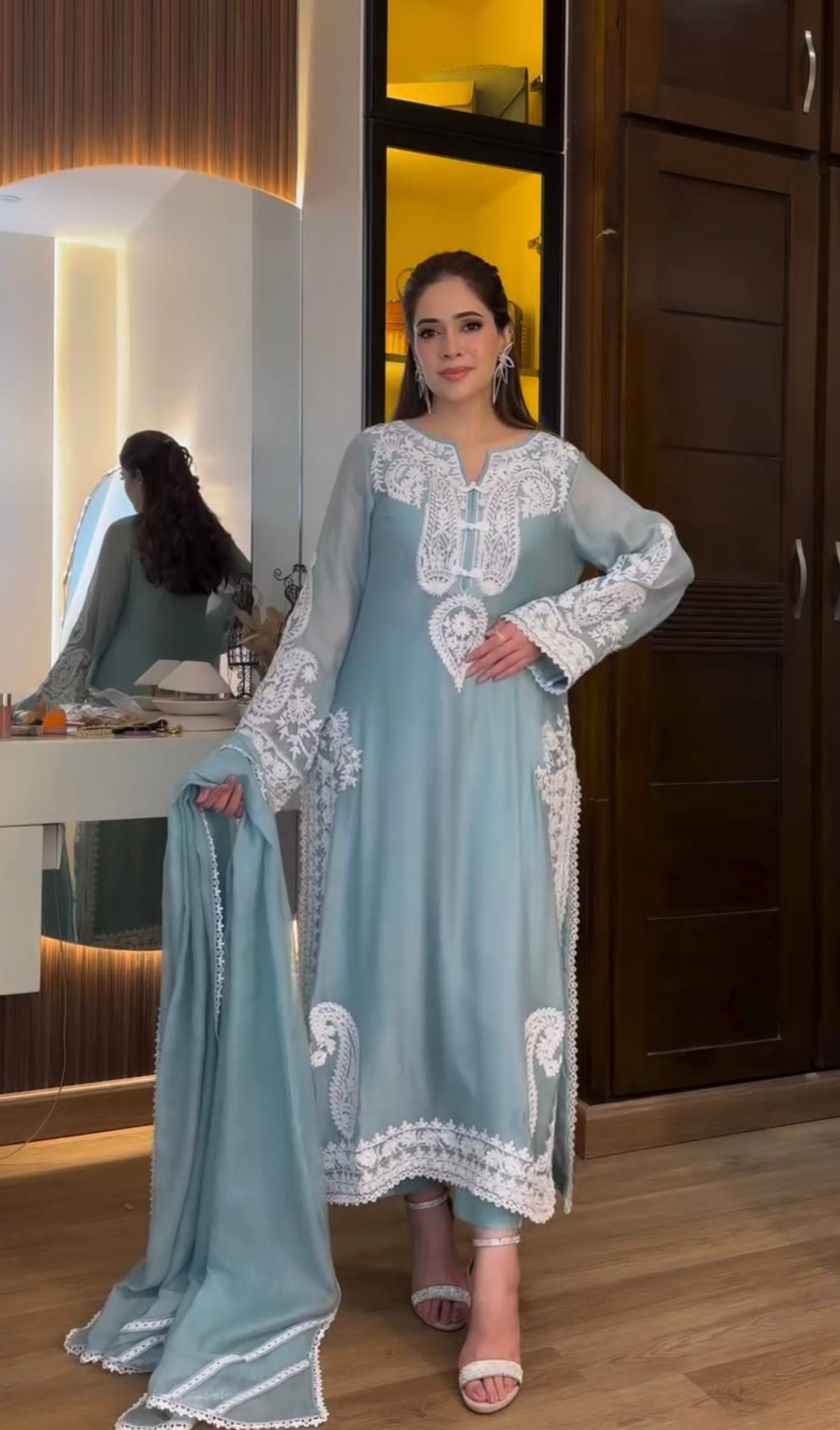 Organza dupatta with lace border paired with embroidered kurta plazzo set