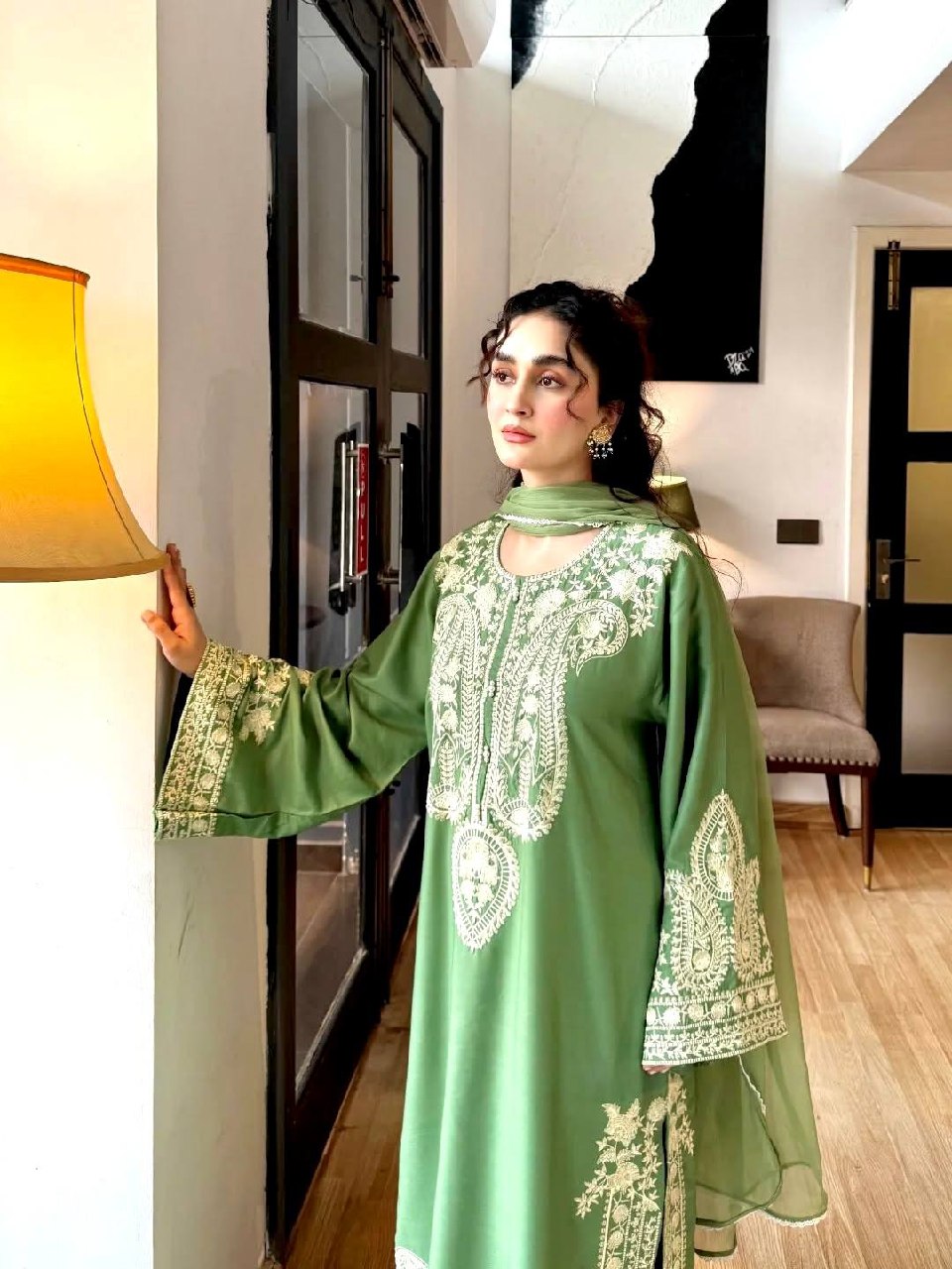 Fancy bell sleeves design on parrot green kurta set