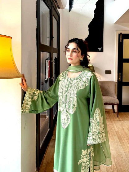 Fancy bell sleeves design on parrot green kurta set