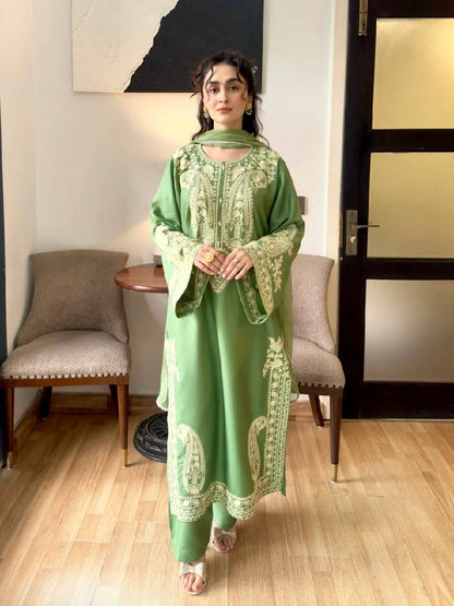 Front view of parrot green organza silk embroidered kurta plazzo set