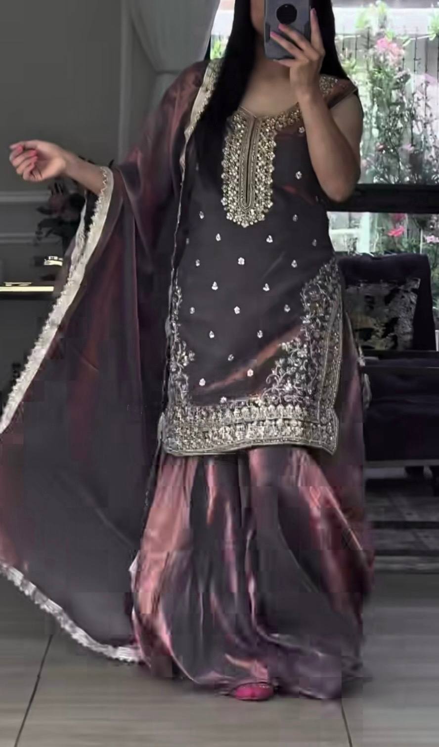 Party wear Heavy Fandy Silk Sharara Suit with detailed sequence embroidery work