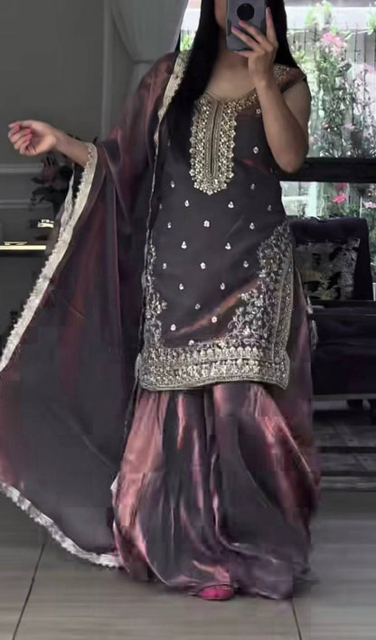 Party wear Heavy Fandy Silk Sharara Suit with detailed sequence embroidery work