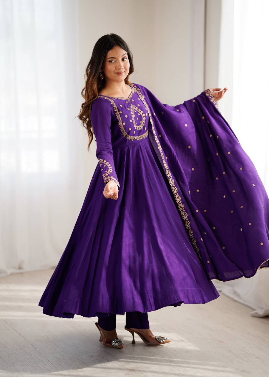 Fully Flared Purple Anarkali Dress with Embroidery and Beads Work