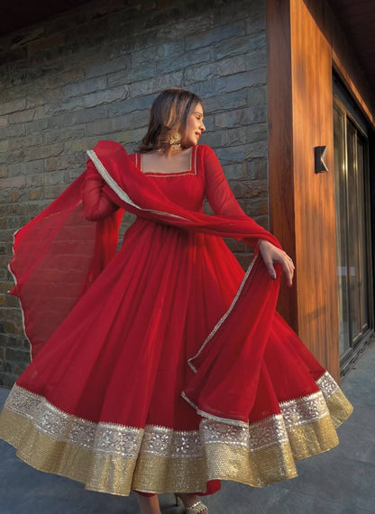 Full sleeve red anarkali suit ethnic Indian wear for women
