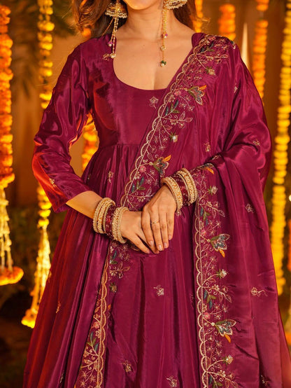 Designer Wine Maroon Anarkali Suit with Rich Embroidery for Celebrations and Events