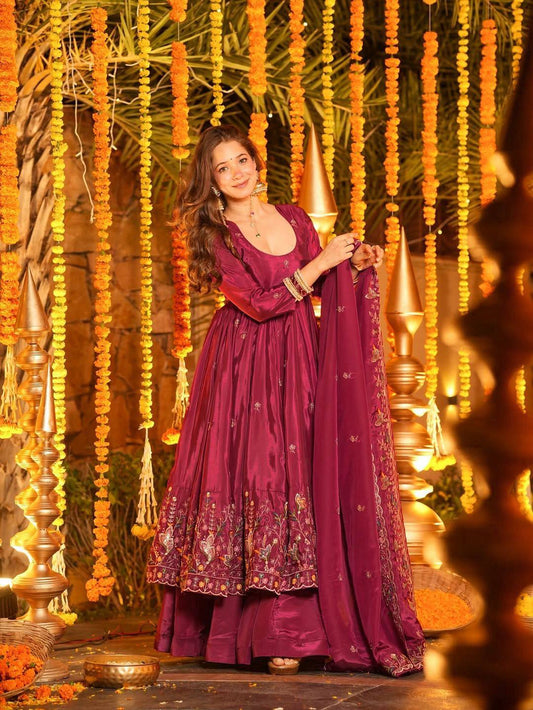 Designer Wine Maroon Anarkali Suit with Rich Embroidery for Celebrations and Events