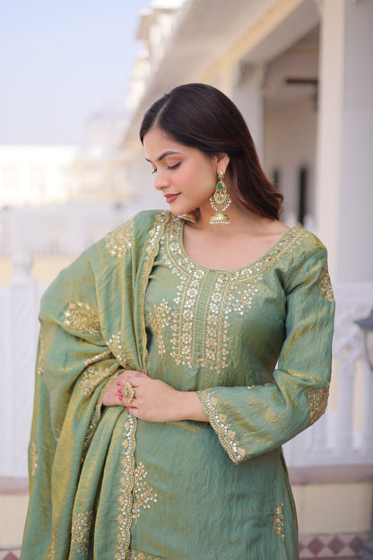 Green festive wear kurti sharara set back view with full sleeves