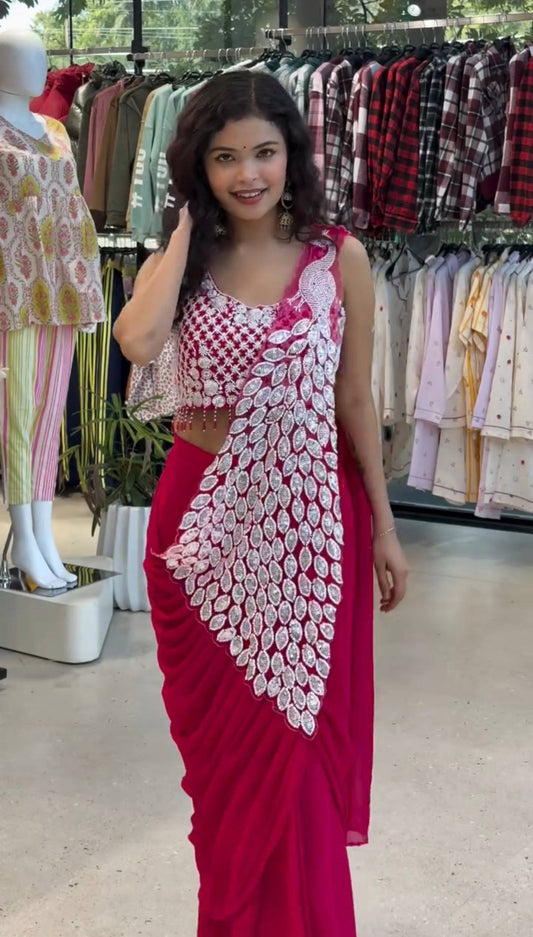 Latest Designer Ready to Wear Saree in Faux Georgette with Heavy Embroidered Stylish Blouse – Trendy Party Wear & Wedding Collection