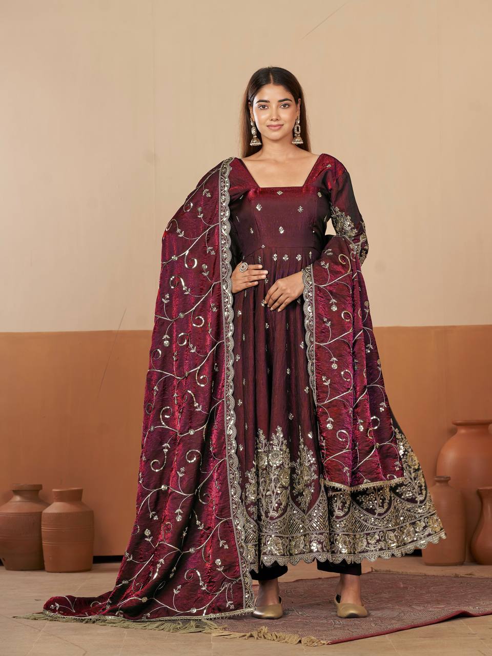 Heavy Jelly Shimmer Silk Embroidered Gown Set with Dupatta & Pant