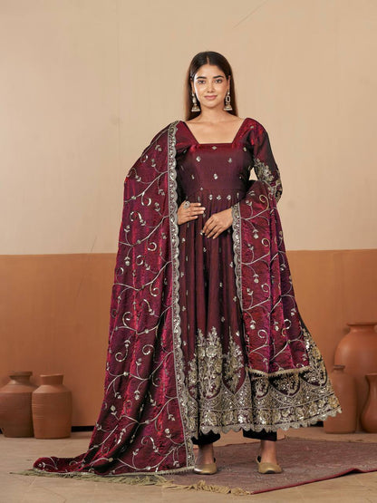 Heavy Jelly Shimmer Silk Embroidered Gown Set with Dupatta & Pant