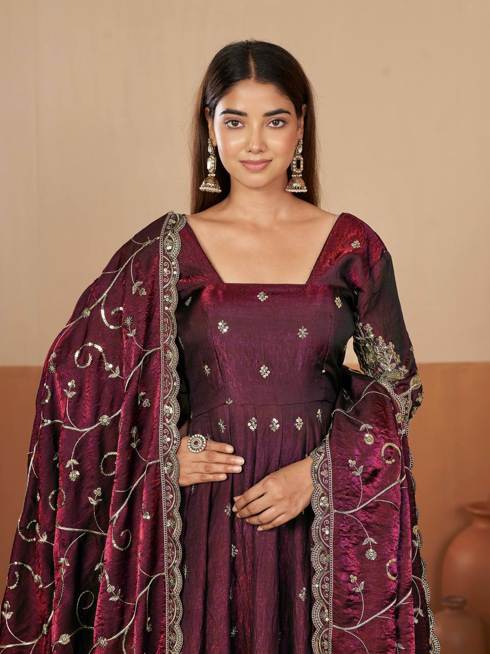 Heavy Jelly Shimmer Silk Embroidered Gown Set with Dupatta & Pant