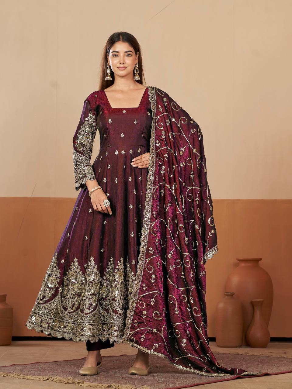 Heavy Jelly Shimmer Silk Embroidered Gown Set with Dupatta & Pant