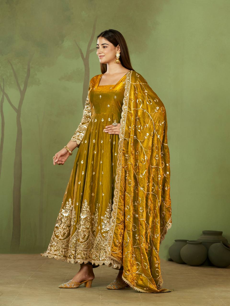 Heavy Jelly Shimmer Silk Embroidered Gown Set with Dupatta & Pant