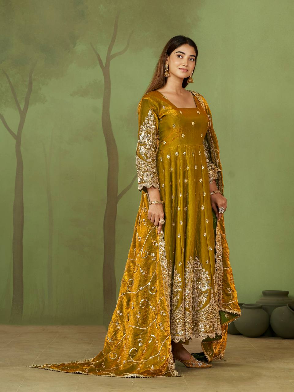 Heavy Jelly Shimmer Silk Embroidered Gown Set with Dupatta & Pant