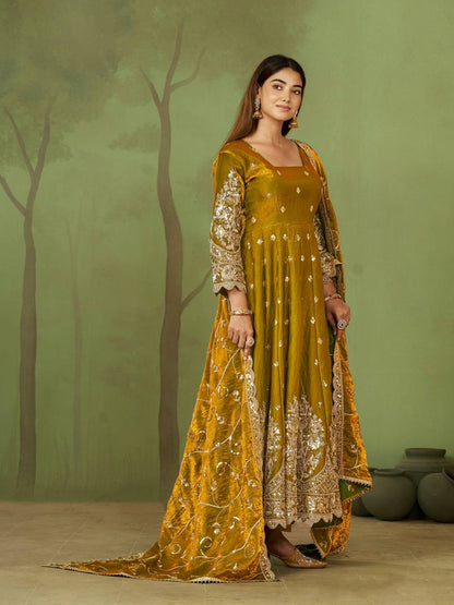 Heavy Jelly Shimmer Silk Embroidered Gown Set with Dupatta & Pant