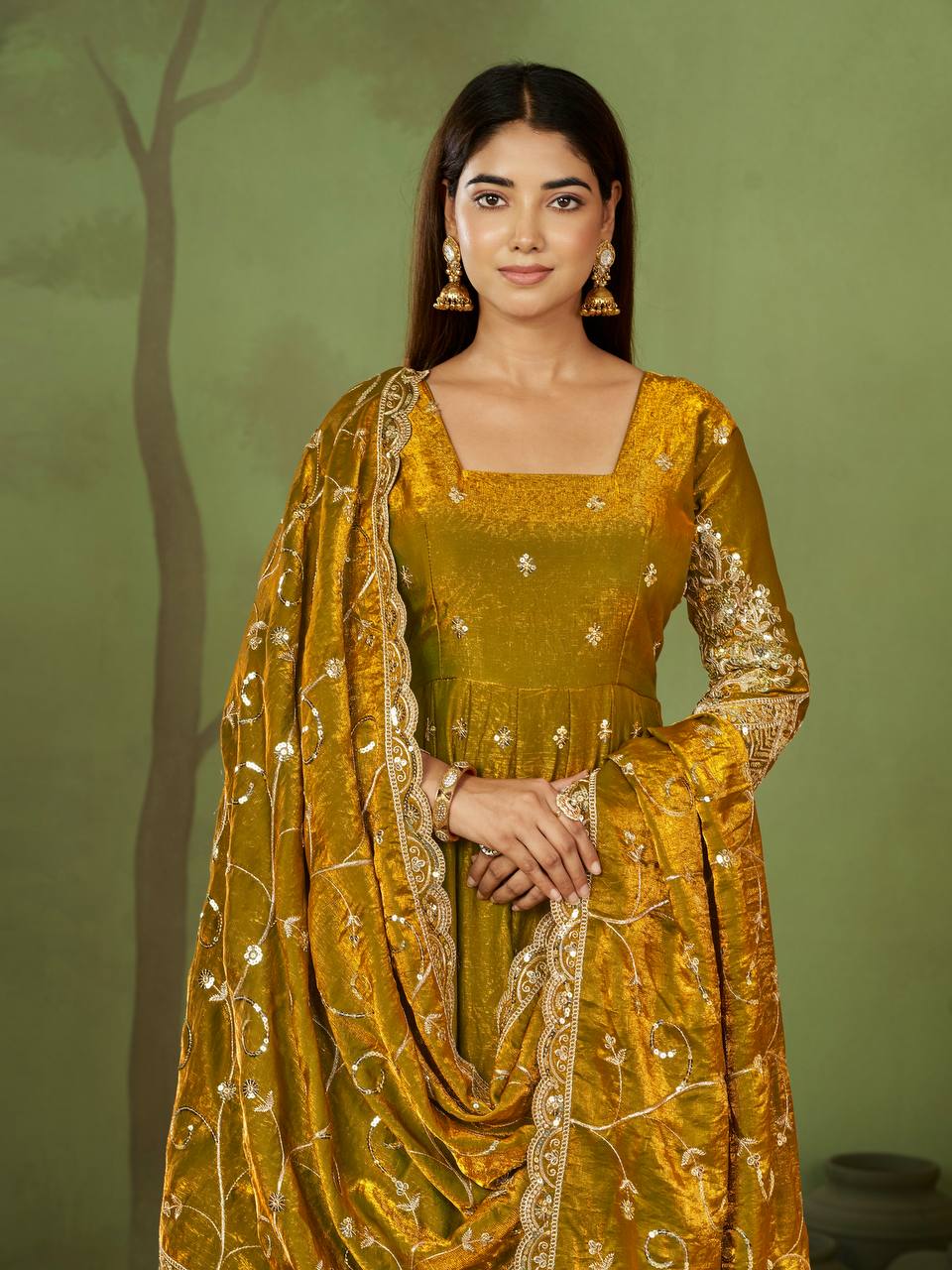 Heavy Jelly Shimmer Silk Embroidered Gown Set with Dupatta & Pant