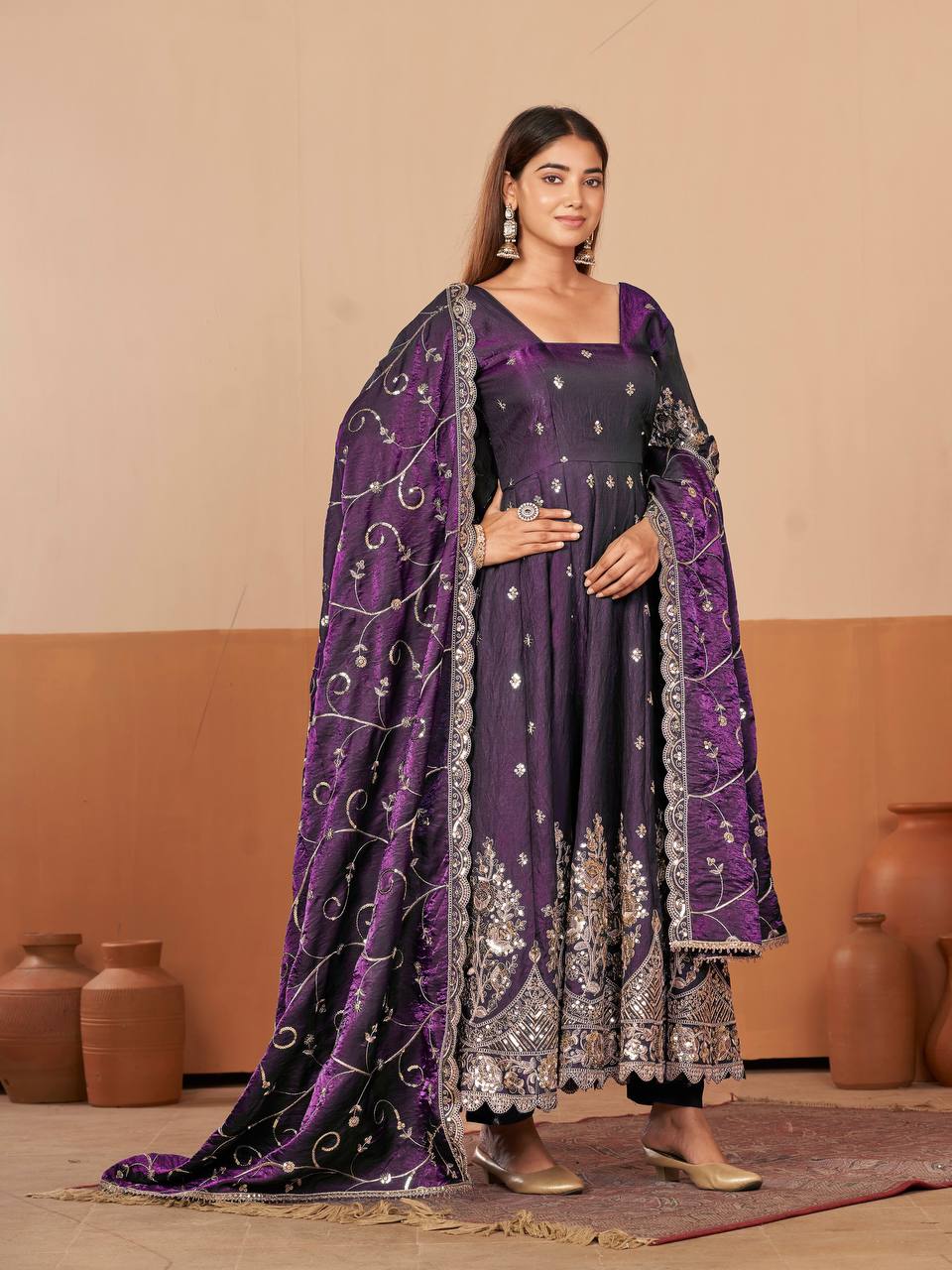 Heavy Jelly Shimmer Silk Embroidered Gown Set with Dupatta & Pant
