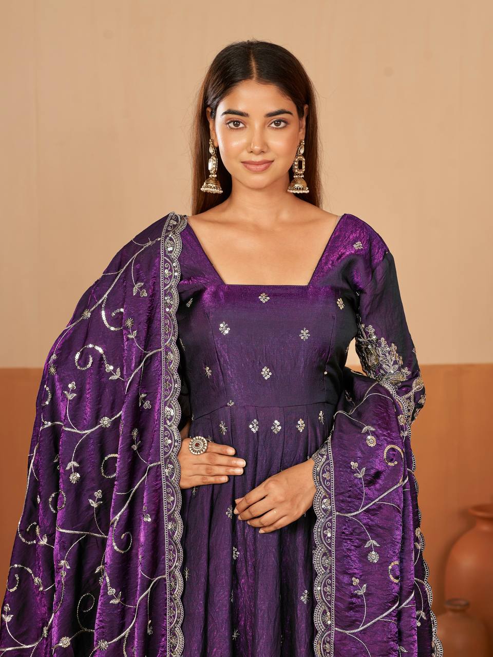 Heavy Jelly Shimmer Silk Embroidered Gown Set with Dupatta & Pant