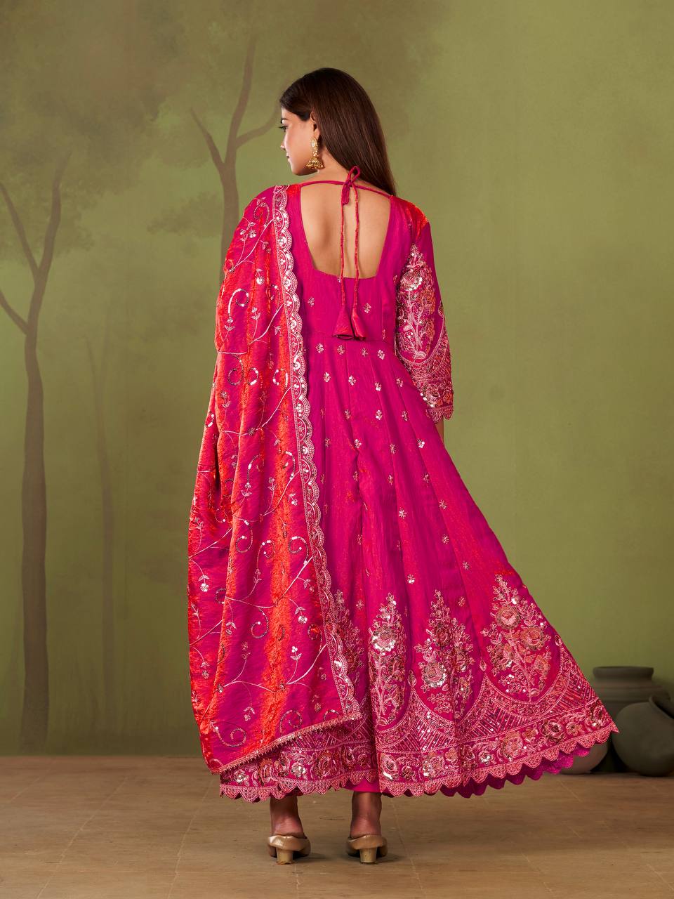 Heavy Jelly Shimmer Silk Embroidered Gown Set with Dupatta & Pant