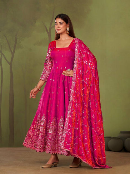 Heavy Jelly Shimmer Silk Embroidered Gown Set with Dupatta & Pant