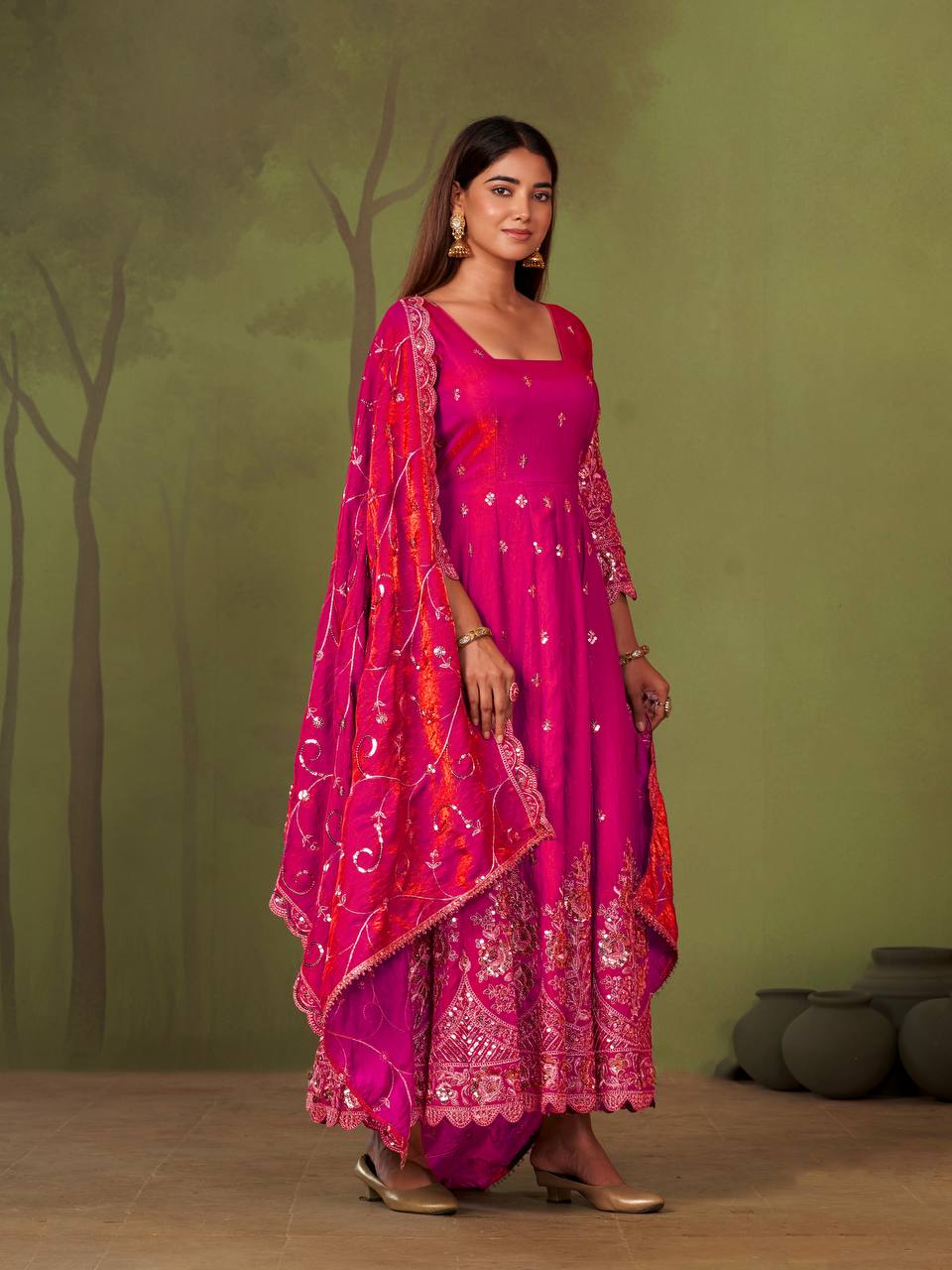 Heavy Jelly Shimmer Silk Embroidered Gown Set with Dupatta & Pant