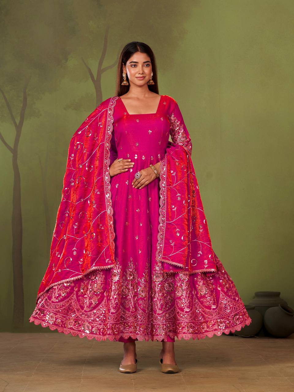 Heavy Jelly Shimmer Silk Embroidered Gown Set with Dupatta & Pant
