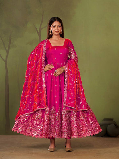 Heavy Jelly Shimmer Silk Embroidered Gown Set with Dupatta & Pant