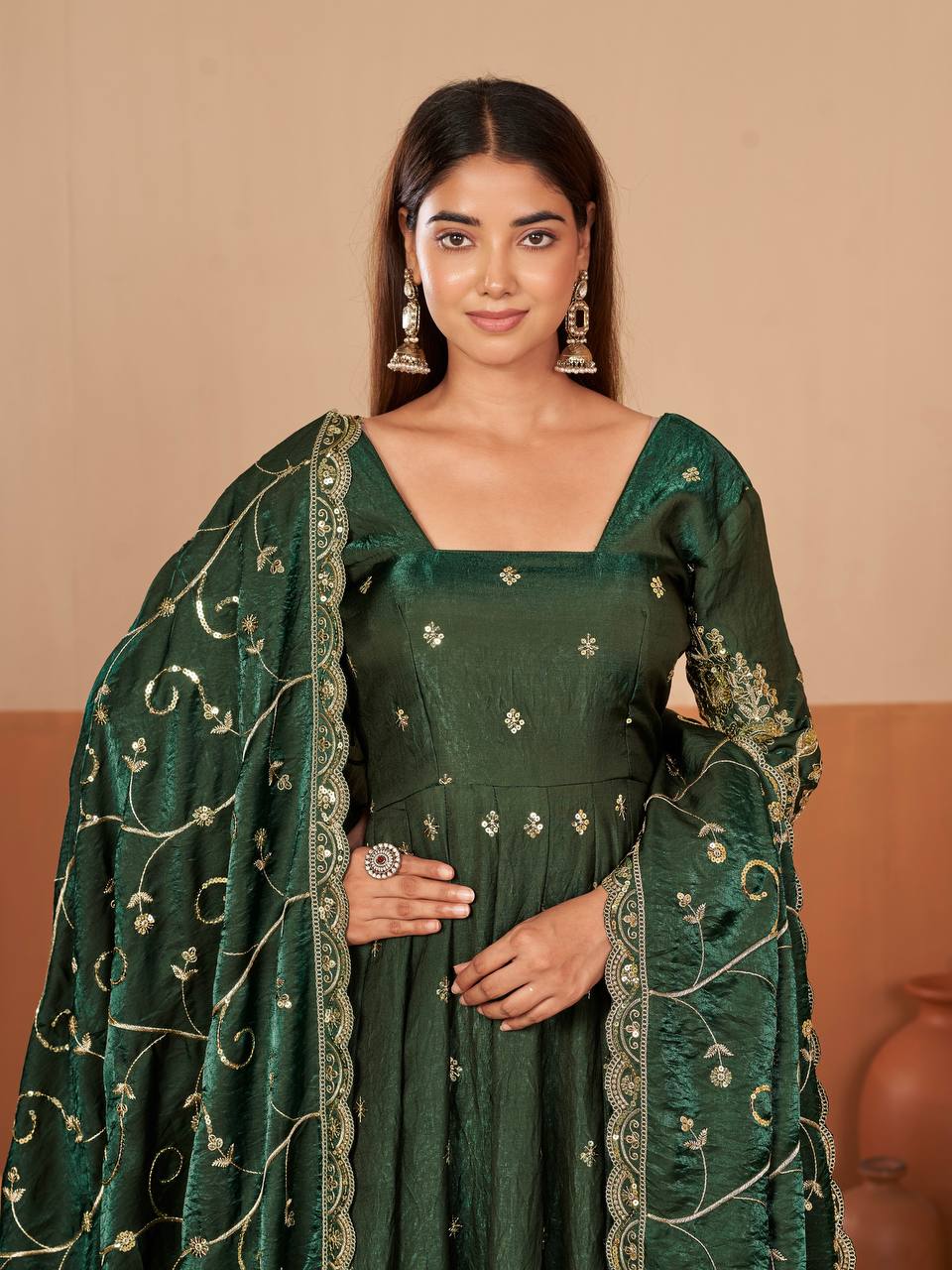 Heavy Jelly Shimmer Silk Embroidered Gown Set with Dupatta & Pant