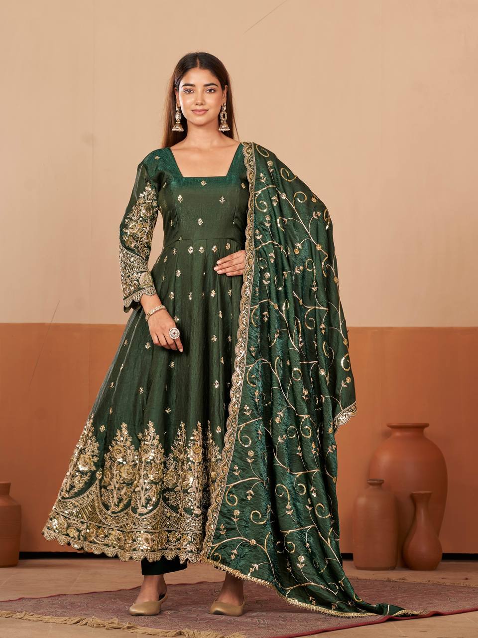 Heavy Jelly Shimmer Silk Embroidered Gown Set with Dupatta & Pant