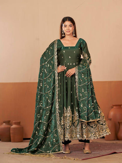 Heavy Jelly Shimmer Silk Embroidered Gown Set with Dupatta & Pant