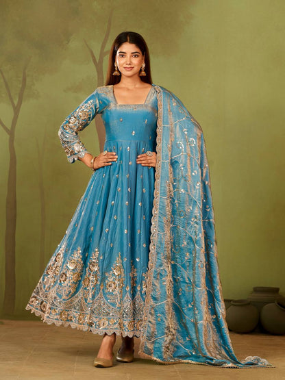 Heavy Jelly Shimmer Silk Embroidered Gown Set with Dupatta & Pant