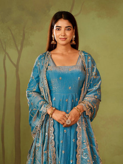 Heavy Jelly Shimmer Silk Embroidered Gown Set with Dupatta & Pant