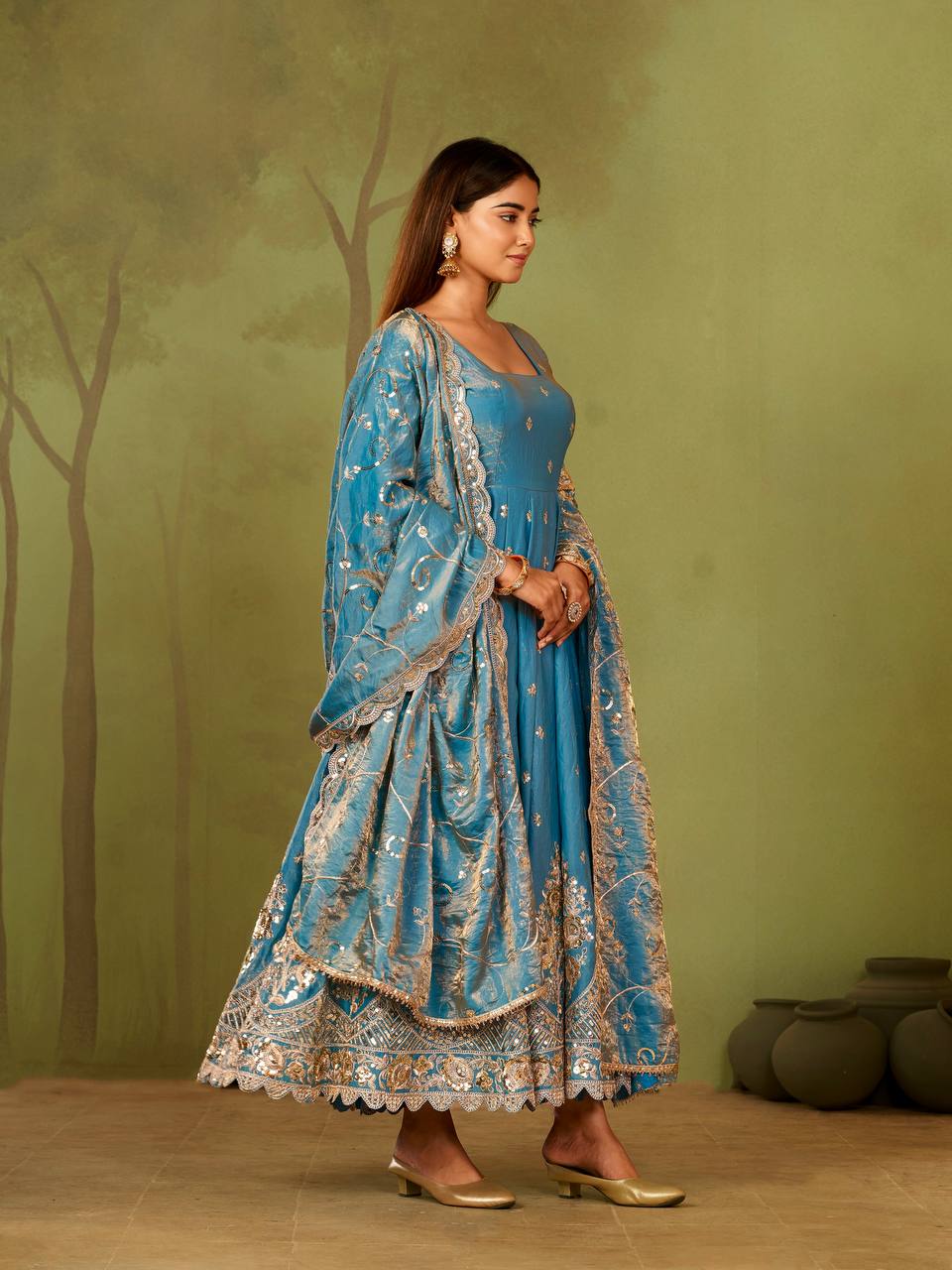 Heavy Jelly Shimmer Silk Embroidered Gown Set with Dupatta & Pant