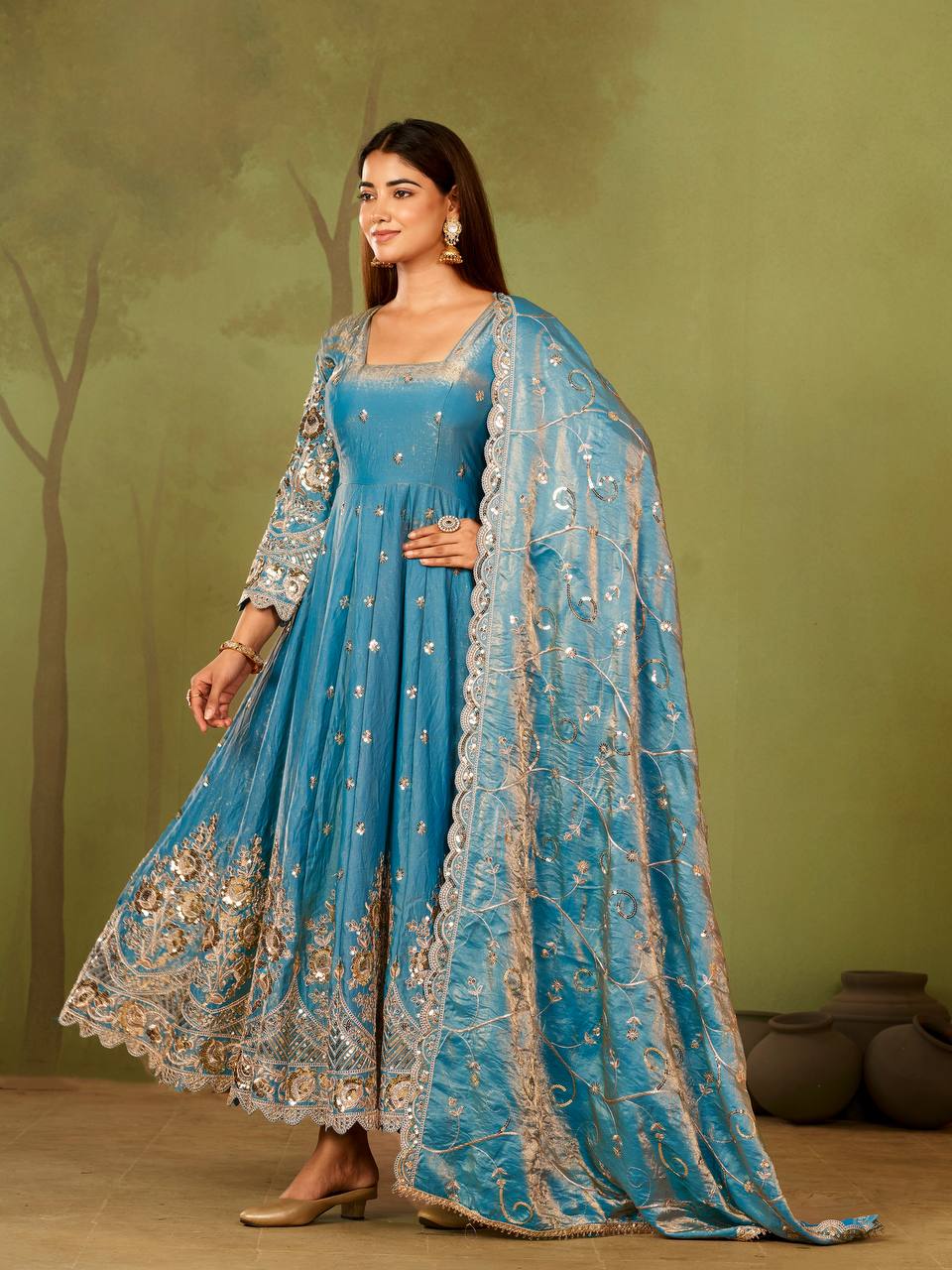 Heavy Jelly Shimmer Silk Embroidered Gown Set with Dupatta & Pant