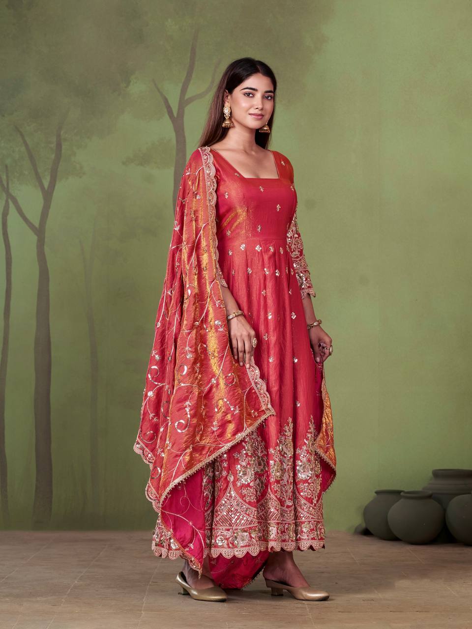 Heavy Jelly Shimmer Silk Embroidered Gown Set with Dupatta & Pant