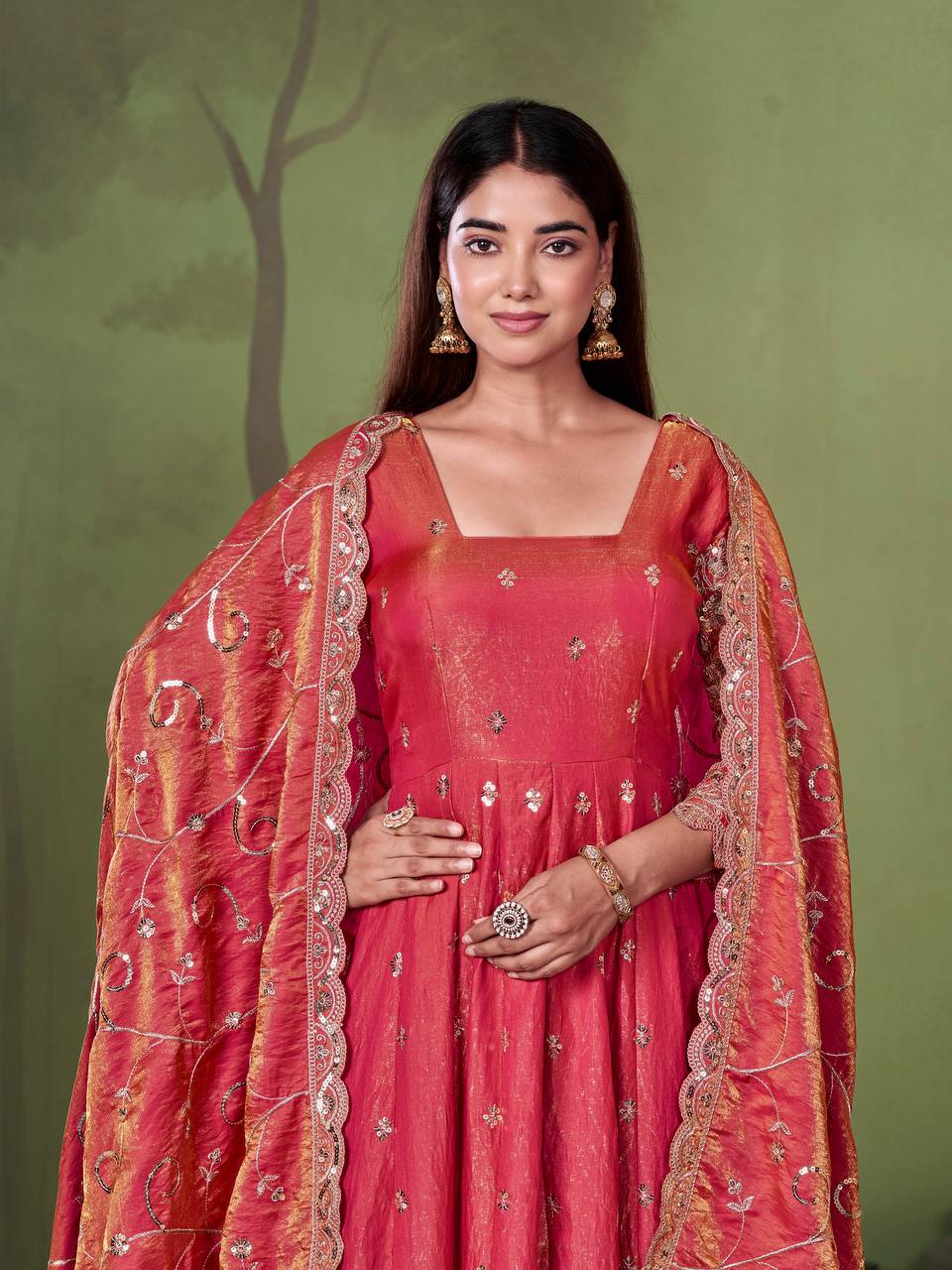 Heavy Jelly Shimmer Silk Embroidered Gown Set with Dupatta & Pant