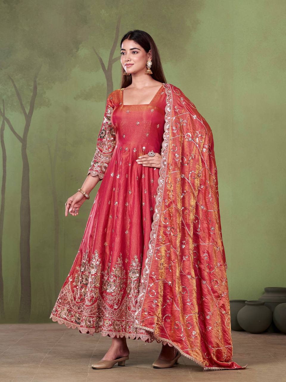 Heavy Jelly Shimmer Silk Embroidered Gown Set with Dupatta & Pant