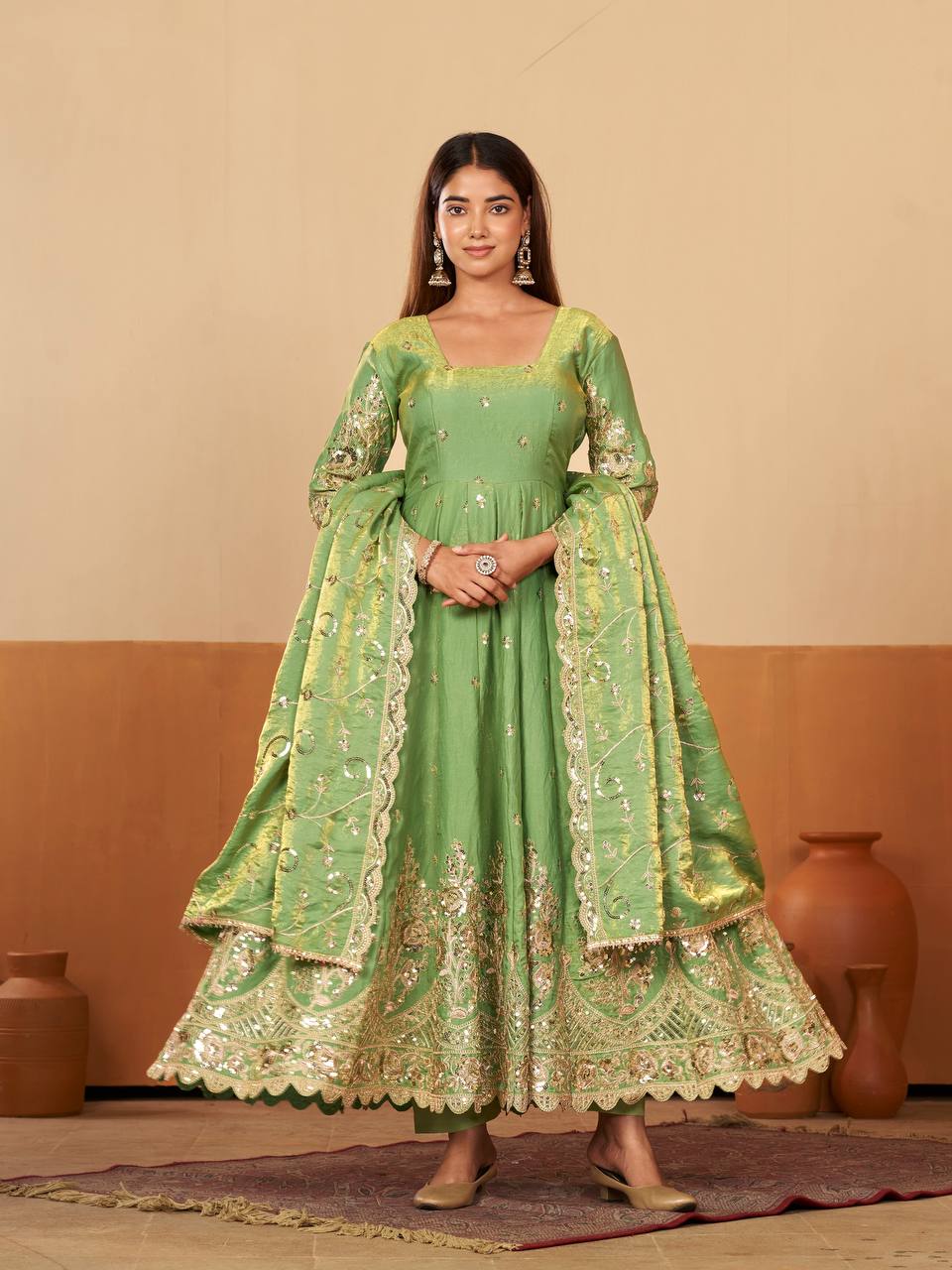 Heavy Jelly Shimmer Silk Embroidered Gown Set with Dupatta & Pant